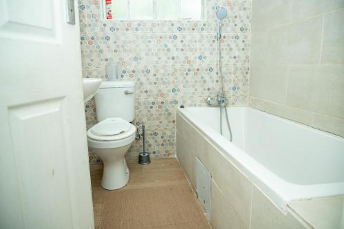 a bathroom with a toilet and a tub and a sink at Kanana Villas Maun 2 bedroom apartment in Maun