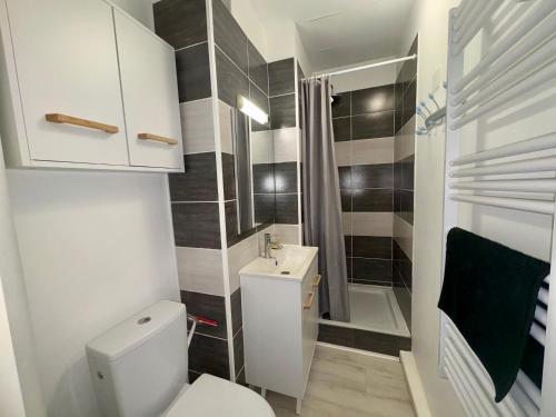 une salle de bain avec toilettes, lavabo et douche dans l'établissement Studio moderne 4 pers, balcon et plage à 50m - FR-1-323-423, à Saint-Jean-de-Monts