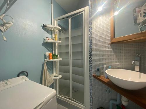 une salle de bain avec un lavabo, des toilettes et une douche dans l'établissement Maison proche centre pour 4 personnes - FR-1-22-385, à La Tranche-sur-Mer