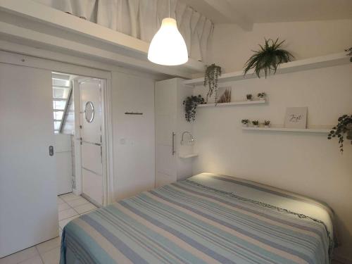 une chambre avec un lit et une plante en pot dans l'établissement T2 Mezzanine Climatisé avec Parking au Bord de l'Eau - FR-1-195-118, au Barcarès