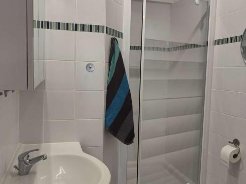 une salle de bain avec un lavabo et une douche en verre dans l'établissement T2 Mezzanine Climatisé avec Parking au Bord de l'Eau - FR-1-195-118, au Barcarès