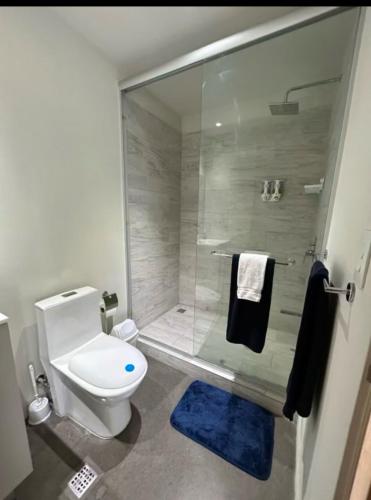 a bathroom with a toilet and a glass shower at Studio Apartment URBN Escalante in San José