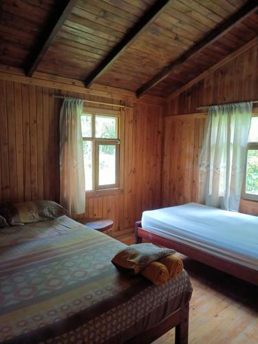 two beds in a room with wooden walls and windows at Casa Cucuya in Puerto Quito