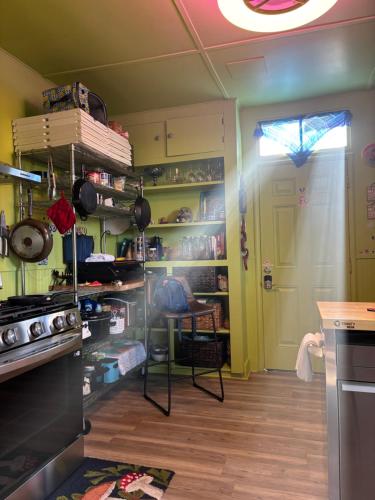 a kitchen with green walls and a stove top oven at Grateful Dreams Lodging in Arcata