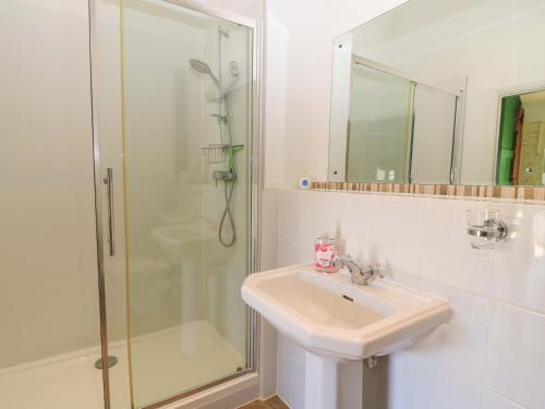 ein weißes Badezimmer mit Waschbecken und Dusche in der Unterkunft Keepers Cottage in Blandford Forum