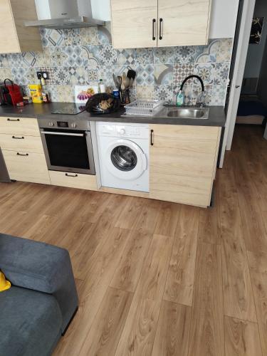 une cuisine avec une machine à laver et un évier dans l'établissement T2 viel Antibes hyper centre, à Antibes