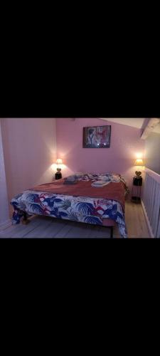une chambre avec un lit avec deux lampes dessus dans l'établissement Maison de vacances à st Cyprien, à Saint Cyprien Plage