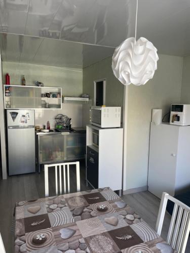 une cuisine avec une table et une cuisine avec des appareils électroménagers blancs dans l'établissement Les phoques, à Berck-sur-Mer