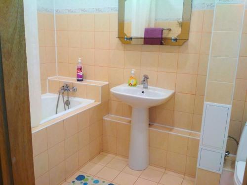 a bathroom with a sink and a bath tub at Уютная квартира метро Харьковская 3 мин, Паспорт-Сервис, Аэропорт Борисполь in Kyiv