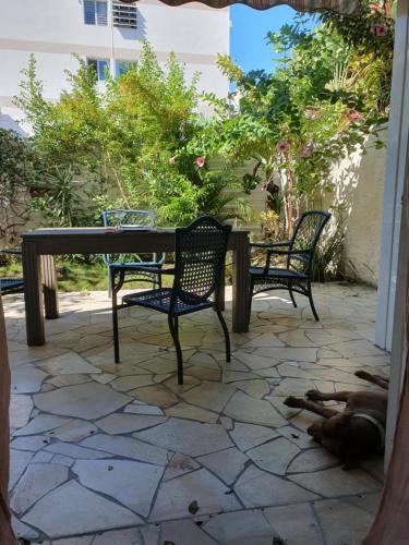 a table and chairs on a patio with a dog laying on the ground at Garden & Terrace Apartment in Noumea