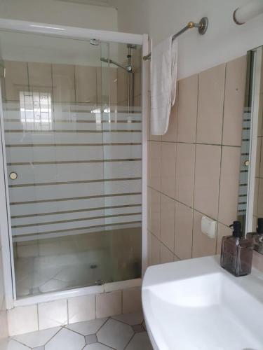 a bathroom with a shower and a toilet and a sink at Garden & Terrace Apartment in Noumea
