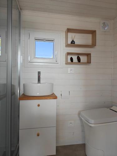 a bathroom with a sink and a toilet at Under Canvas Bornholm in Østermarie