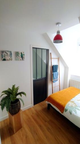 une chambre avec un lit et une plante en pot dans l'établissement ☆ T2 hypercentre ✢ plage à 400m ✢ tout équipé ☆, à Dinard