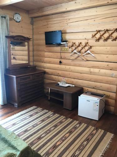 a room with a wooden wall with a table and a tv at Hotel Dykyi Med in Tatariv