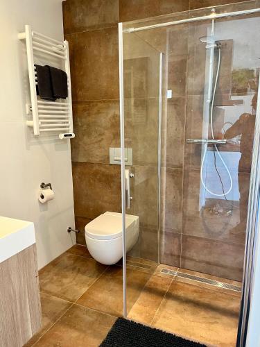 a bathroom with a toilet and a glass shower at BeachHouse AAN ZEE in Noordwijk aan Zee
