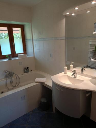 une salle de bain avec un lavabo, une baignoire et un miroir dans l'établissement la maison de la Felicidad, à Boussy