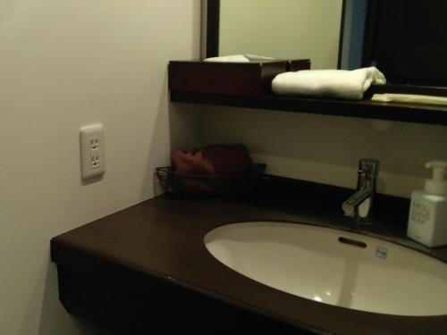 a bathroom with a sink and a mirror at La Vista Daisetsuzan in Higashikawa