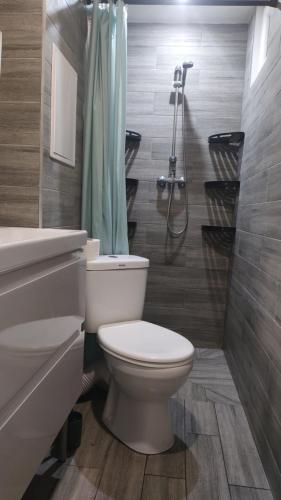 a bathroom with a white toilet and a shower at Forrest House w Białej in Sulejów