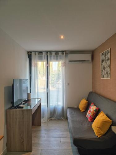 un salon avec un canapé et une télévision dans l'établissement Appart T2, Résidence Charles Trenet, à Narbonne