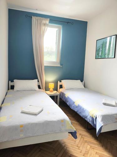two beds in a room with blue walls and a window at Dunavski konaci in Brestovik