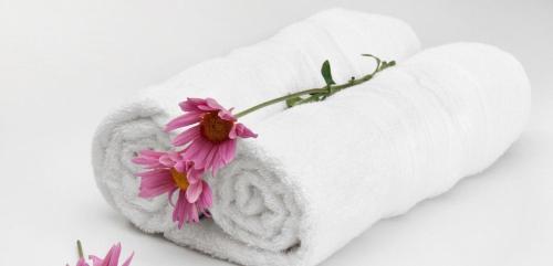 un asciugamano bianco con un fiore sopra di Villa Mak a Portoroz