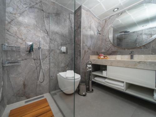 a bathroom with a shower and a toilet and a sink at Ambrosia Hotel Beach & Spa in Bitez