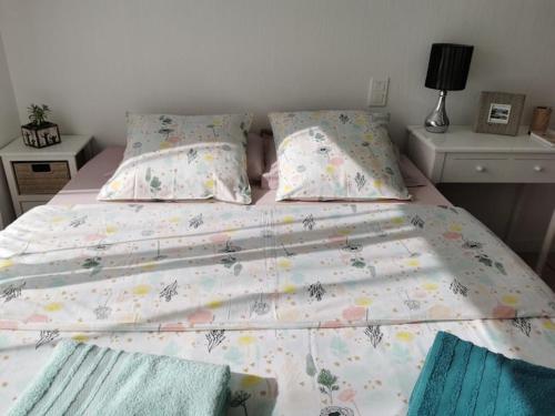 ein großes Bett in einem Schlafzimmer mit einer Bettdecke und Kissen in der Unterkunft Chambre Indépendante "Terre Rouge" in Martignas-sur-Jalle