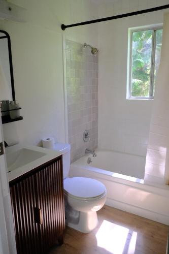 a bathroom with a toilet and a tub and a sink at Green Hill at Rainier Lodge (0.4 miles from the entrance) in Ashford