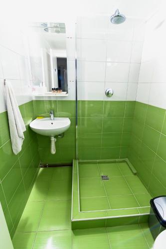 a green bathroom with a sink and a shower at Old Town Whisper Apartments in Sarajevo