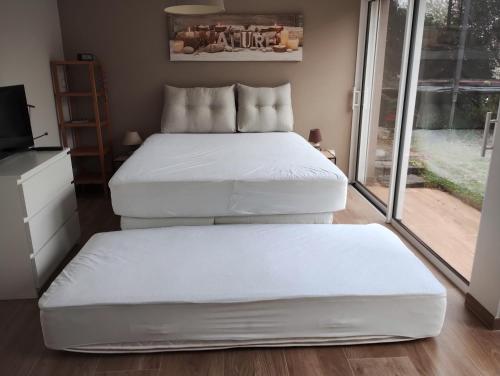 two twin beds in a room with a window at Charmants studios "Le Nid de Lou" et "Le Cocon de Théo" à Rosheim in Rosheim