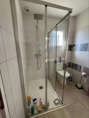 une cabine de douche dans une salle de bain avec toilettes dans l'établissement Maison familiale dans les Pyrénées -option piscine, à Chaum