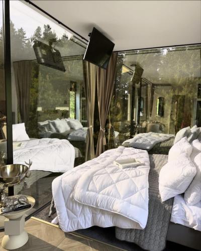 two beds in a room with a glass wall at Luxury Tahkuranna SPA villa Pärnu in Laadi