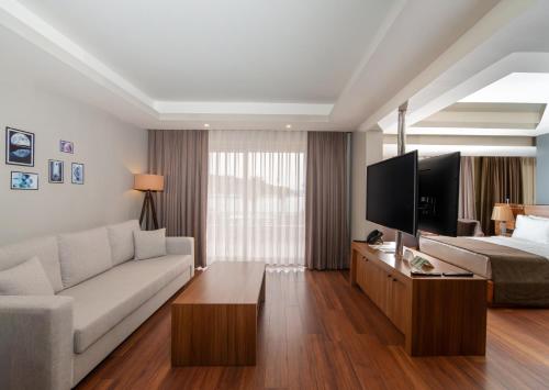 a living room with a couch and a bed and a television at Ambrosia Hotel Beach & Spa in Bitez