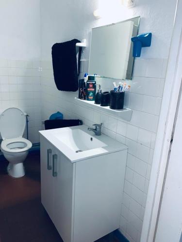 une salle de bain avec un lavabo blanc et des toilettes dans l'établissement Soleil couchant aux reflets miel de la terre, à Canet