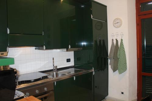 una cucina con armadi verdi e lavandino di Appartamento in Villa alle Piagge a Pisa