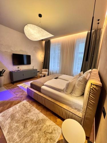 Un dormitorio con una cama grande y un televisor. en The Rabbit Citadel, en Sibiu