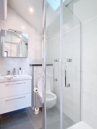 une salle de bain avec toilettes et douche en verre dans l'établissement Suite Big Dream - Appartement central, à Argenteuil