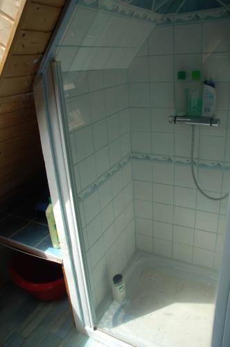 une douche avec une porte vitrée dans une salle de bain dans l'établissement Pen An Lan, à Pleumeur-Bodou