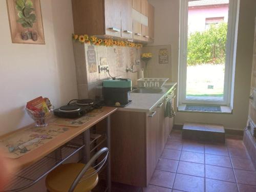 a kitchen with a counter and a sink and a window at Napraforgó Vendégház in Veresegyház