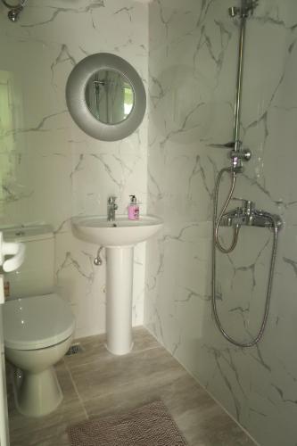 a bathroom with a sink and a toilet and a mirror at Valeon Apartment Three in Sarandë