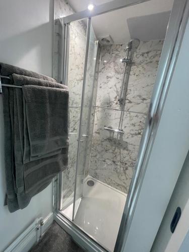 a shower with a glass door in a bathroom at Seafront Studio Snug by the Sea - Sea Views in South Hayling