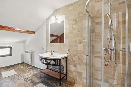 a bathroom with a sink and a shower at Casa Galand in Pîrscov