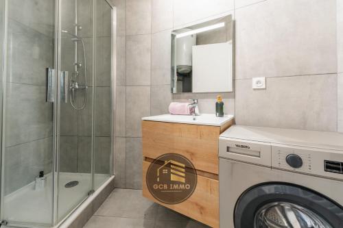 La salle de bains est pourvue d'un lave-linge et d'une douche. dans l'établissement Le Petit Saint Paul, à Grenoble