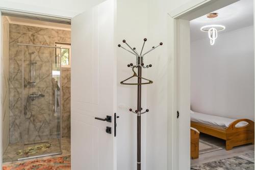 a bathroom with a shower and a glass door at Sunny Valley Guest House Karakol in Karakol