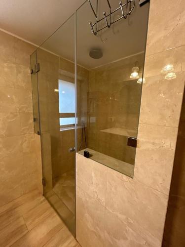 a bathroom with a shower with a glass door at Your Home in Mevasseret Zion in Mashabbe Sade