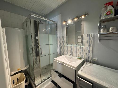une salle de bain avec douche et lavabo dans l'établissement Maison Spacieuse tout près de La Mer, à La Tranche-sur-Mer