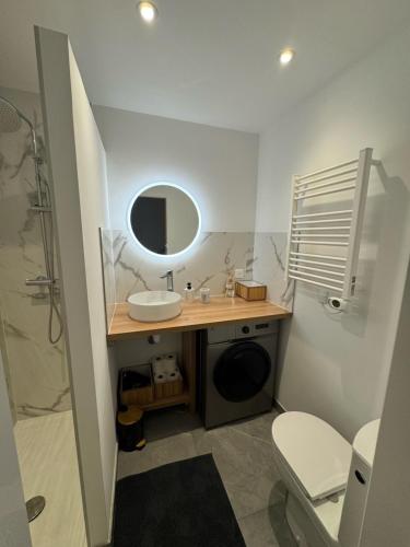 une salle de bain avec un lavabo et un miroir dans l'établissement Fully renovated studio, steps from beach with a sunny terrace and free wifi, à Antibes