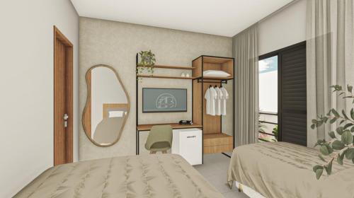 a bedroom with a bed and a desk and a mirror at Pousada Miray Olímpia in Olímpia