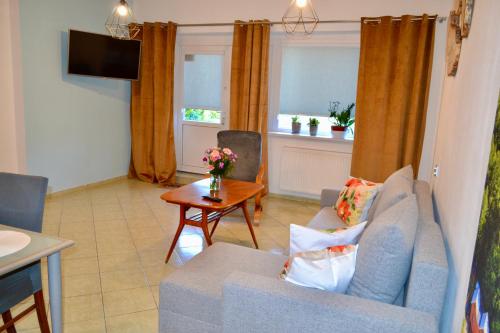 a living room with a couch and a table at Noclegi Bero Fejn in Lipusz