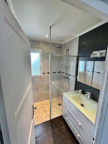 une salle de bain avec douche et lavabo dans l'établissement Wine O'Clock, à Chablis